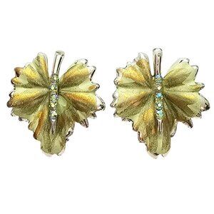 BSK Green AB Rhinestone Leaf Clip On Enamel Earrings, Signed C770
